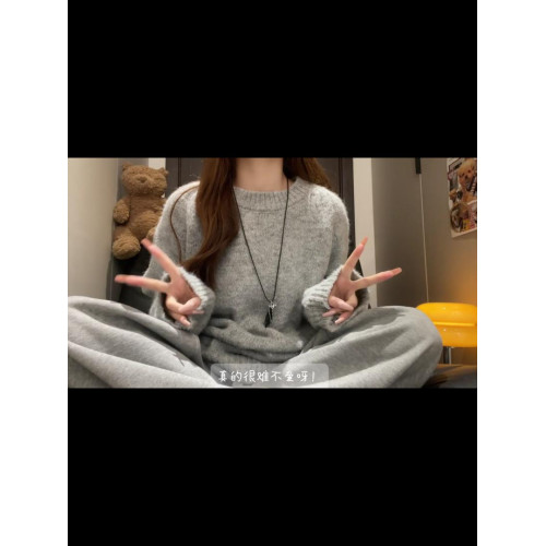 韓系基礎巨好看圓領長袖毛衣女秋冬季寬松慵懶軟糯套頭針織衫上衣