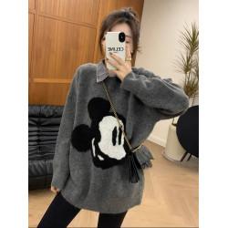 氂牛絨灰色櫻桃刺綉假兩件毛衣女秋冬加厚慵懶風寬松針織歐貨上衣