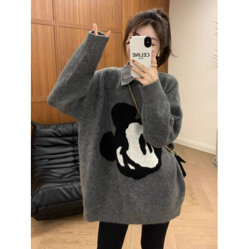 氂牛絨灰色櫻桃刺綉假兩件毛衣女秋冬加厚慵懶風寬松針織歐貨上衣 氂牛絨灰色櫻桃刺綉假兩件毛衣女秋冬加厚慵懶風寬松針織歐貨上衣