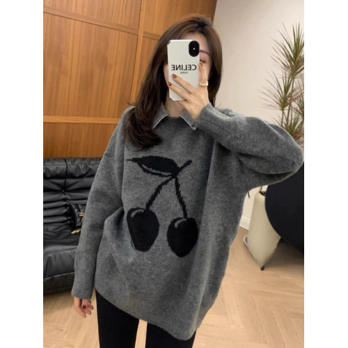 氂牛絨灰色櫻桃刺綉假兩件毛衣女秋冬加厚慵懶風寬松針織歐貨上衣 氂牛絨灰色櫻桃刺綉假兩件毛衣女秋冬加厚慵懶風寬松針織歐貨上衣