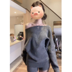 灰色不規則斜肩毛衣女款2025新款秋冬季韓系穿搭寬松露肩針織上衣