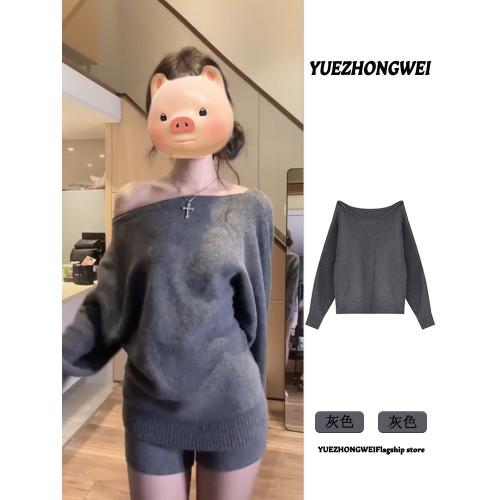 灰色不規則斜肩毛衣女款2025新款秋冬季韓系穿搭寬松露肩針織上衣 灰色不規則斜肩毛衣女款2025新款秋冬季韓系穿搭寬松露肩針織上衣