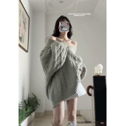 奶fufu粉色套頭麻花v領毛衣女秋冬復古慵懶風中長款針織上衣加厚