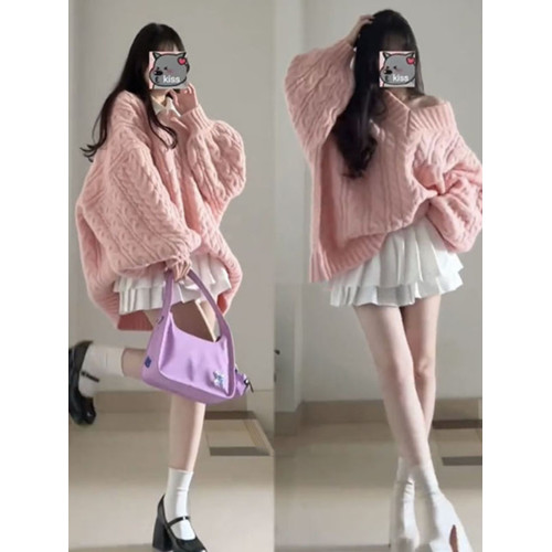 奶fufu粉色套頭麻花v領毛衣女秋冬復古慵懶風中長款針織上衣加厚