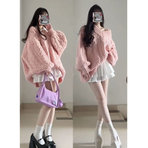 奶fufu粉色套頭麻花v領毛衣女秋冬復古慵懶風中長款針織上衣加厚