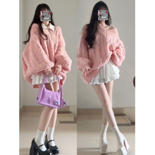 奶fufu粉色套頭麻花v領毛衣女秋冬復古慵懶風中長款針織上衣加厚