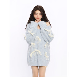 BIGGOLD露肩新年戰袍紅色蝴蝶結毛衣女秋冬設計感慵懶風針織衫潮