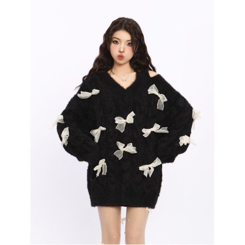 BIGGOLD露肩新年戰袍紅色蝴蝶結毛衣女秋冬設計感慵懶風針織衫潮