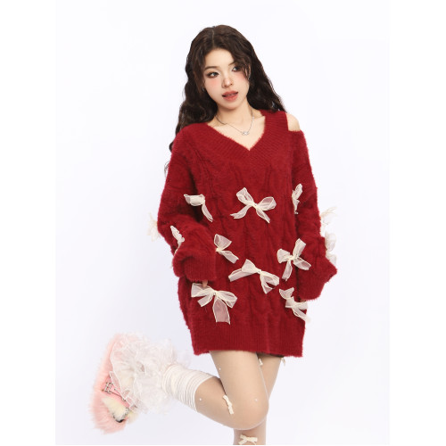 BIGGOLD露肩新年戰袍紅色蝴蝶結毛衣女秋冬設計感慵懶風針織衫潮