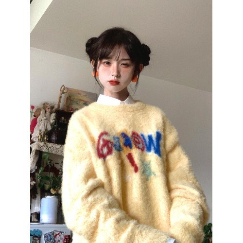慵懶彩虹字母軟糯水貂絨毛衣女秋冬多巴胺加厚套頭針織衫外穿上衣 慵懶彩虹字母軟糯水貂絨毛衣女秋冬多巴胺加厚套頭針織衫外穿上衣