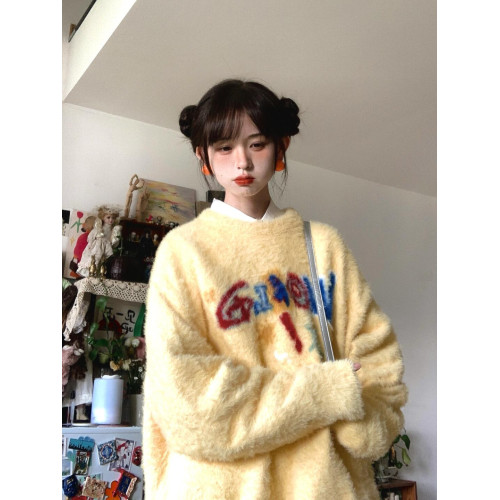 慵懶彩虹字母軟糯水貂絨毛衣女秋冬多巴胺加厚套頭針織衫外穿上衣 慵懶彩虹字母軟糯水貂絨毛衣女秋冬多巴胺加厚套頭針織衫外穿上衣
