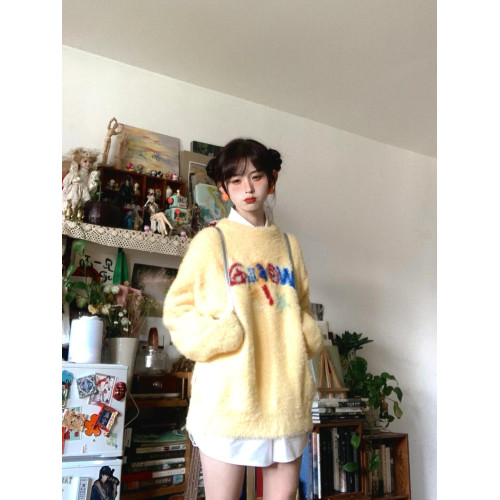 慵懶彩虹字母軟糯水貂絨毛衣女秋冬多巴胺加厚套頭針織衫外穿上衣 慵懶彩虹字母軟糯水貂絨毛衣女秋冬多巴胺加厚套頭針織衫外穿上衣