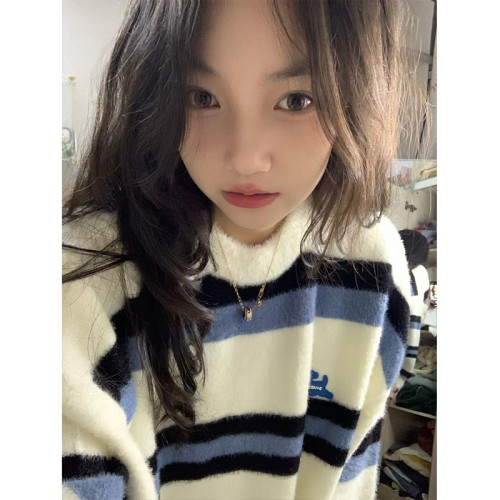 古著vintage條紋針織毛衣女秋冬設計感小衆慵懶風軟糯糯上衣ins潮