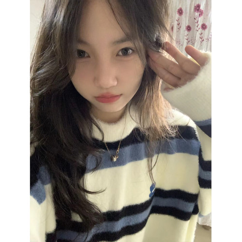 古著vintage條紋針織毛衣女秋冬設計感小衆慵懶風軟糯糯上衣ins潮