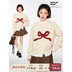 蝴蝶結圓領套頭針織毛衣女秋冬春秋季寬松慵懶風加厚外穿內搭上衣