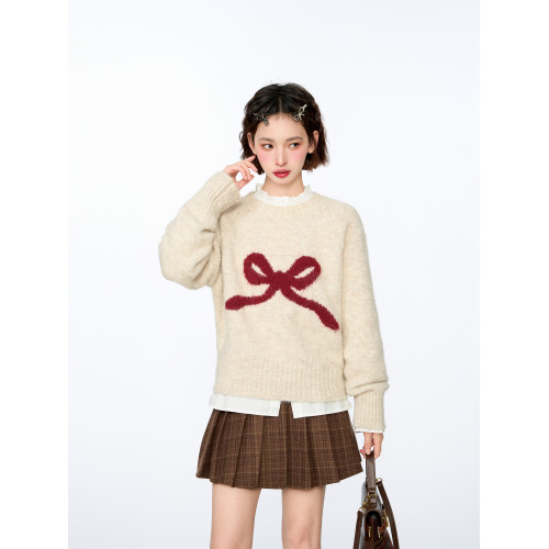 蝴蝶結圓領套頭針織毛衣女秋冬春秋季寬松慵懶風加厚外穿內搭上衣