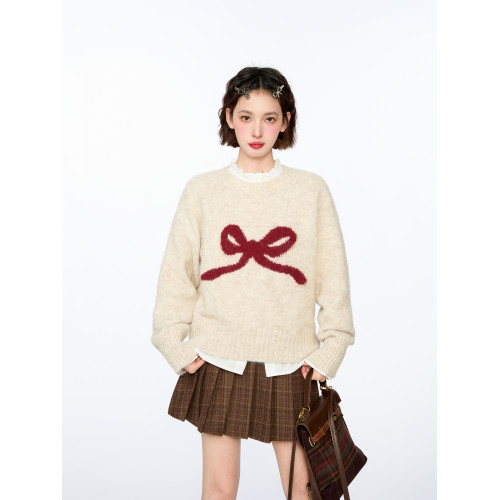 蝴蝶結圓領套頭針織毛衣女秋冬春秋季寬松慵懶風加厚外穿內搭上衣