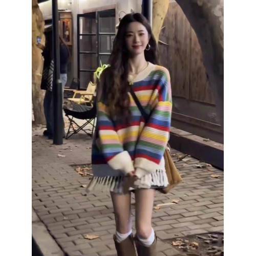 流蘇彩虹條紋高級設計感多巴胺穿搭針織毛衣女秋冬韓系慵懶風上衣