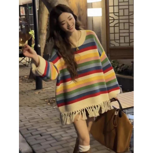 流蘇彩虹條紋高級設計感多巴胺穿搭針織毛衣女秋冬韓系慵懶風上衣