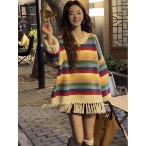 流蘇彩虹條紋高級設計感多巴胺穿搭針織毛衣女秋冬韓系慵懶風上衣