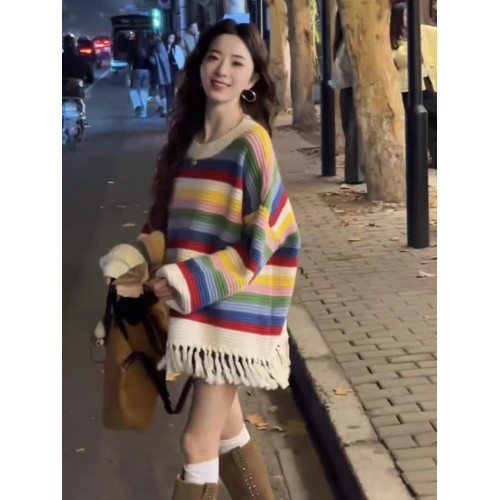 流蘇彩虹條紋高級設計感多巴胺穿搭針織毛衣女秋冬韓系慵懶風上衣