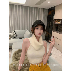 白色馬海毛高領無袖背心毛衣女秋冬季修身短款內搭打底套頭針織衫