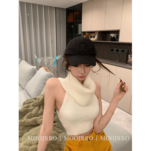 白色馬海毛高領無袖背心毛衣女秋冬季修身短款內搭打底套頭針織衫