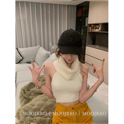 白色馬海毛高領無袖背心毛衣女秋冬季修身短款內搭打底套頭針織衫