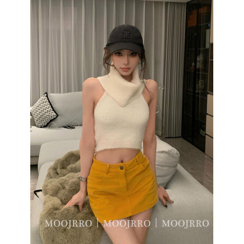 白色馬海毛高領無袖背心毛衣女秋冬季修身短款內搭打底套頭針織衫