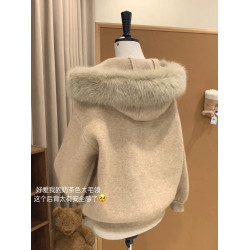 毛領寬松連帽針織開衫軟糯毛衣外套女秋冬可拆卸顯瘦韓系加厚上衣