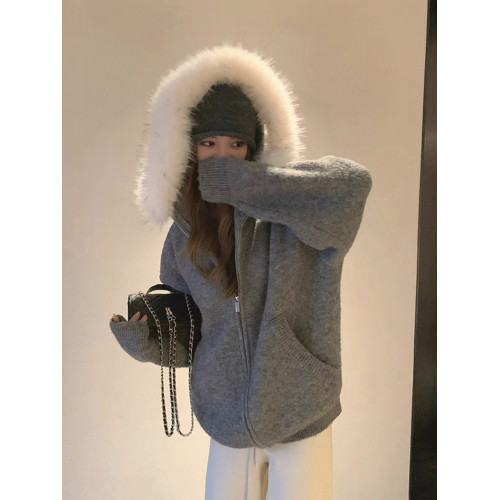 毛領寬松連帽針織開衫軟糯毛衣外套女秋冬可拆卸顯瘦韓系加厚上衣 毛領寬松連帽針織開衫軟糯毛衣外套女秋冬可拆卸顯瘦韓系加厚上衣