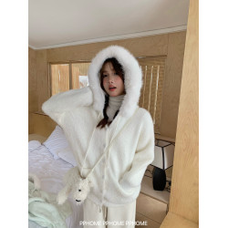 PPHOME自製~嫩妹日記 韓系水貂絨大毛領秋冬針織毛衣連帽寬鬆外套