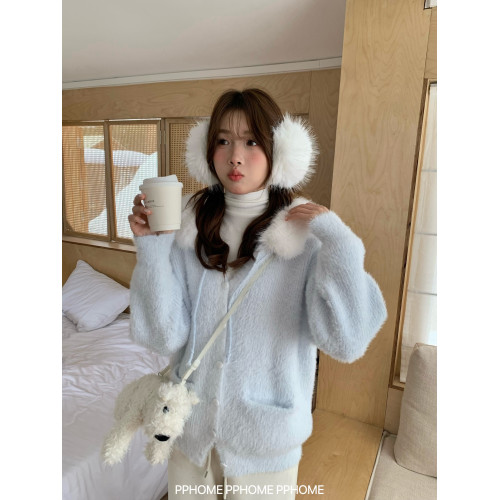 PPHOME自製~嫩妹日記 韓系水貂絨大毛領秋冬針織毛衣連帽寬鬆外套