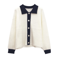 polo領針織開衫外套女秋冬加厚軟糯米白色毛衣慵嬾風高級感上衣潮