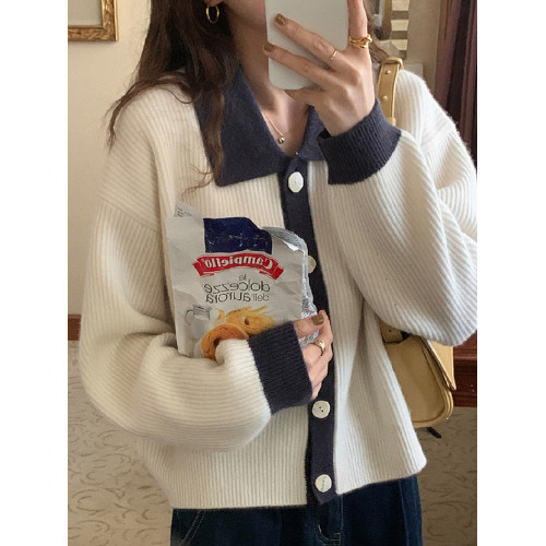 polo領針織開衫外套女秋冬加厚軟糯米白色毛衣慵嬾風高級感上衣潮