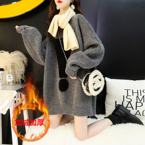 秋冬新款2025中長款毛衣女韓版寬松慵懶風加絨加厚針織衫打底上衣