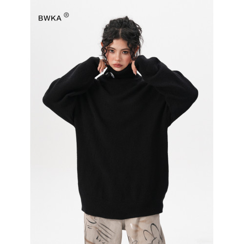 BWKA高領毛衣女男秋冬重磅潮牌寬松慵懶風針織衫加絨加厚內搭線衣