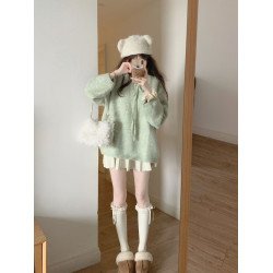 奶fufu甜系軟糯慵懶風淺綠色毛衣套頭系帶圓領針織衫上衣女小個子