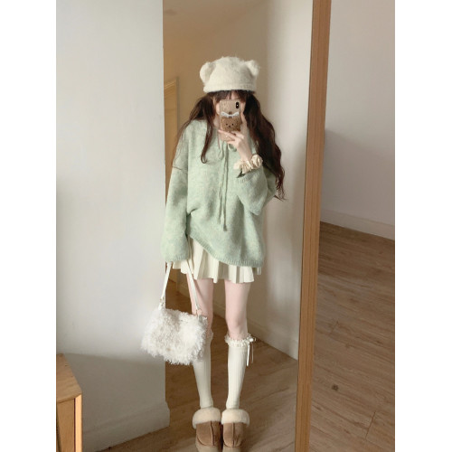 奶fufu甜系軟糯慵懶風淺綠色毛衣套頭系帶圓領針織衫上衣女小個子 奶fufu甜系軟糯慵懶風淺綠色毛衣套頭系帶圓領針織衫上衣女小個子