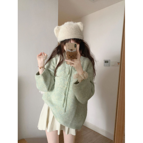 奶fufu甜系軟糯慵懶風淺綠色毛衣套頭系帶圓領針織衫上衣女小個子 奶fufu甜系軟糯慵懶風淺綠色毛衣套頭系帶圓領針織衫上衣女小個子