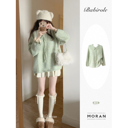 奶fufu甜系軟糯慵懶風淺綠色毛衣套頭系帶圓領針織衫上衣女小個子 奶fufu甜系軟糯慵懶風淺綠色毛衣套頭系帶圓領針織衫上衣女小個子