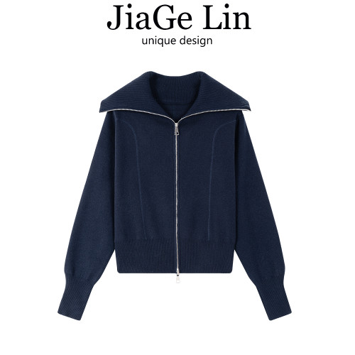 JiaGeLin雙拉鍊大翻領羊毛開衫女韓系寬松慵懶設計感毛衣外套上衣
