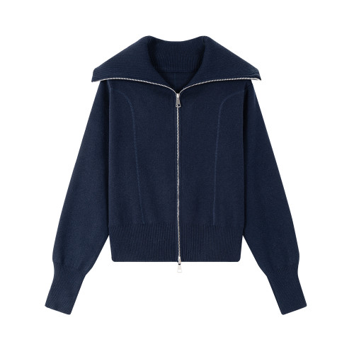 JiaGeLin雙拉鍊大翻領羊毛開衫女韓系寬松慵懶設計感毛衣外套上衣