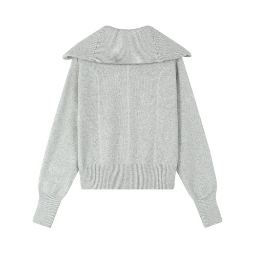 JiaGeLin雙拉鍊大翻領羊毛開衫女韓系寬松慵懶設計感毛衣外套上衣