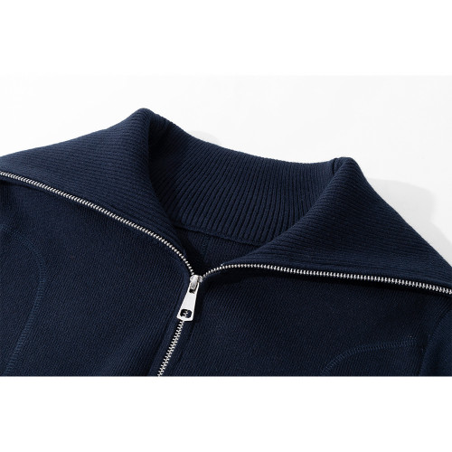 JiaGeLin雙拉鍊大翻領羊毛開衫女韓系寬松慵懶設計感毛衣外套上衣