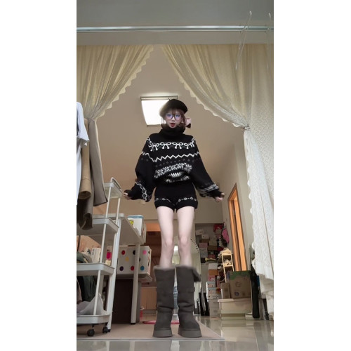 美式復古黑色費爾島蝴蝶結高領毛衣針織衫女2025秋冬新款保暖上衣