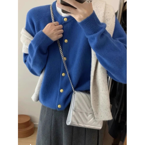 韓系克萊因藍色浣熊絨針織開衫女秋冬高級感金釦毛衣外套軟糯上衣
