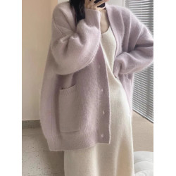 紫色V領水貂絨毛衣女2025秋冬新款高級感寬松慵懶風軟糯針織開衫