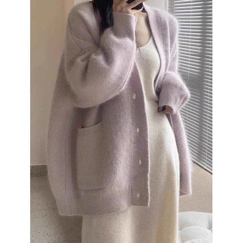 紫色V領水貂絨毛衣女2025秋冬新款高級感寬松慵懶風軟糯針織開衫 紫色V領水貂絨毛衣女2025秋冬新款高級感寬松慵懶風軟糯針織開衫