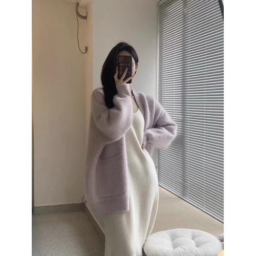 紫色V領水貂絨毛衣女2025秋冬新款高級感寬松慵懶風軟糯針織開衫 紫色V領水貂絨毛衣女2025秋冬新款高級感寬松慵懶風軟糯針織開衫